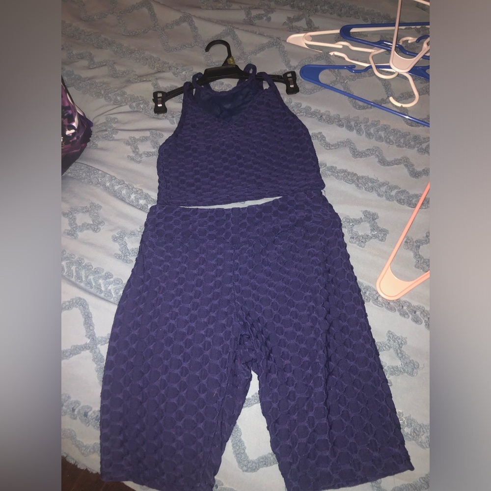 High-Waist Textured Crop Top & Wide-Leg Pants Set - dark blue